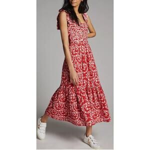 Anthropologie Atelier 1756 Colombia Amal Red Eyelet Midi Dress Size Small